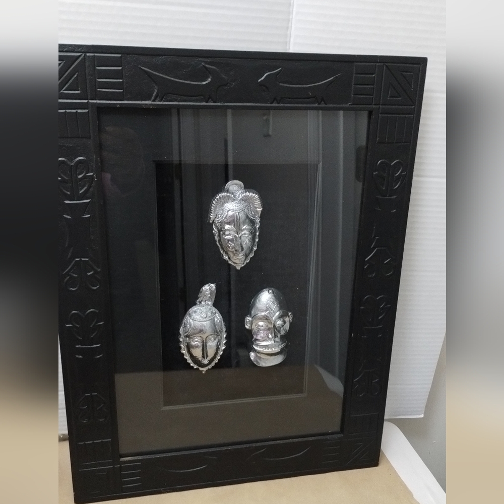 Black and Silver Tribal African Mask Wall Art Frame